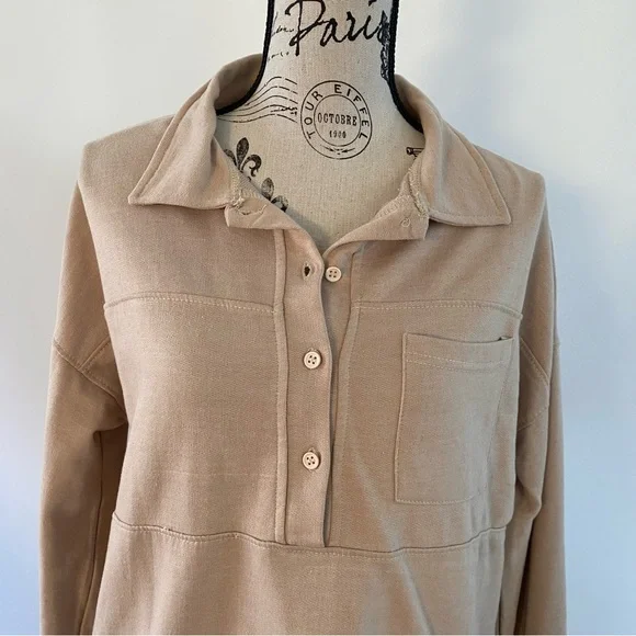 EUC PrettyLittleThing Women Stone Polo Collar Sweatshirt Mini Dress Size US 1 - Picture 3 of 12